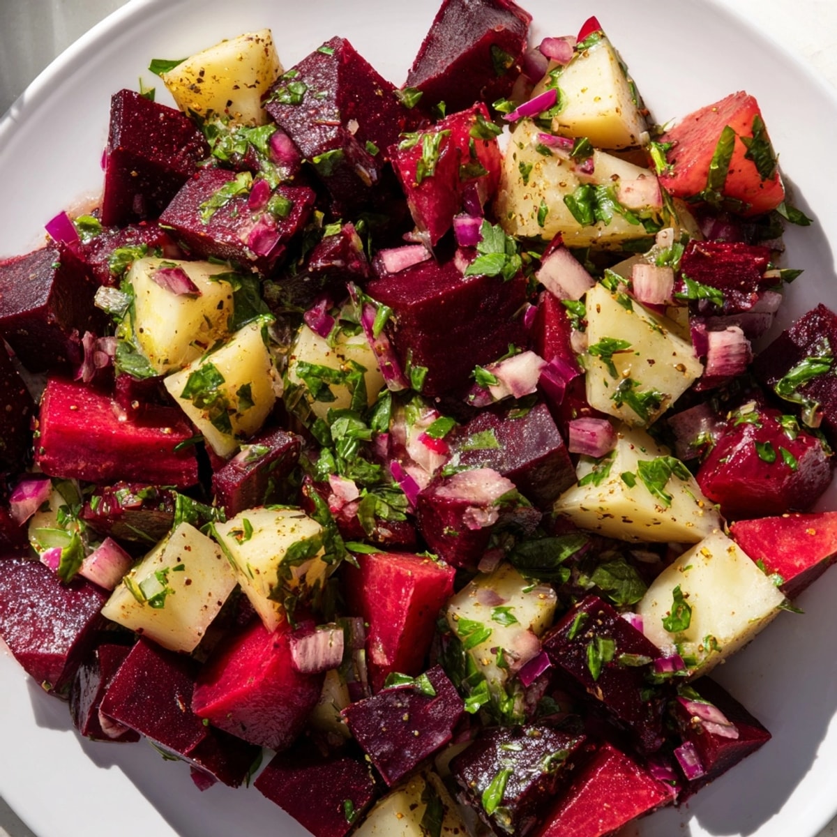 Nahaufnahme des deutschen Kartoffel-Rübensalats mit roter Zwiebel, frischer Petersilie, perfekt für jedes Fest.