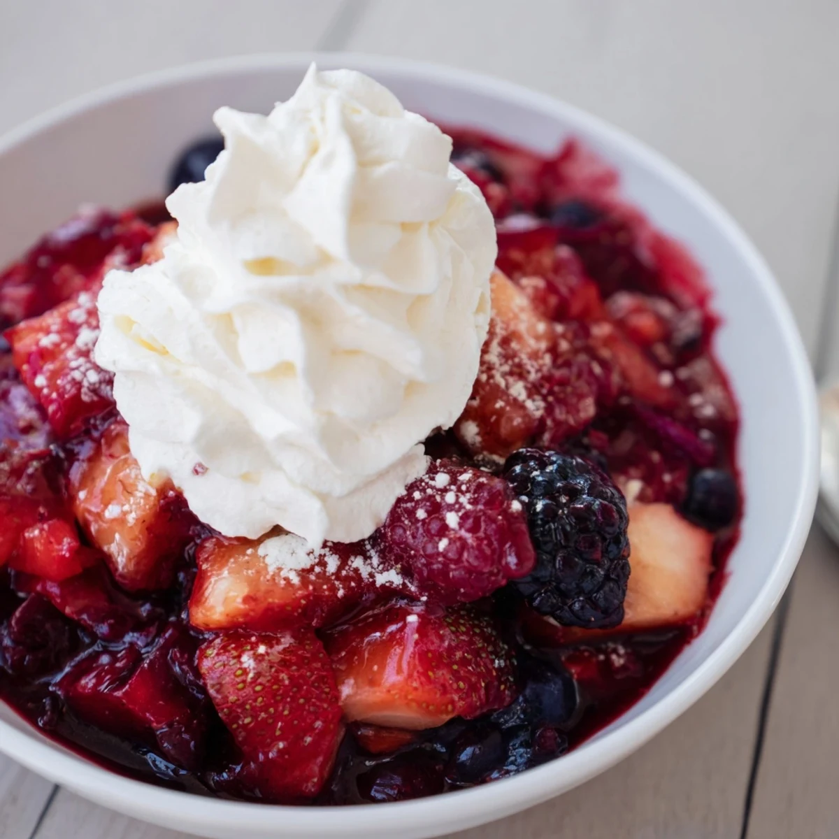 Vibrante Beercompote mit frischer Sahne, perfekt für Desserts oder Frühstücksbeläge.  