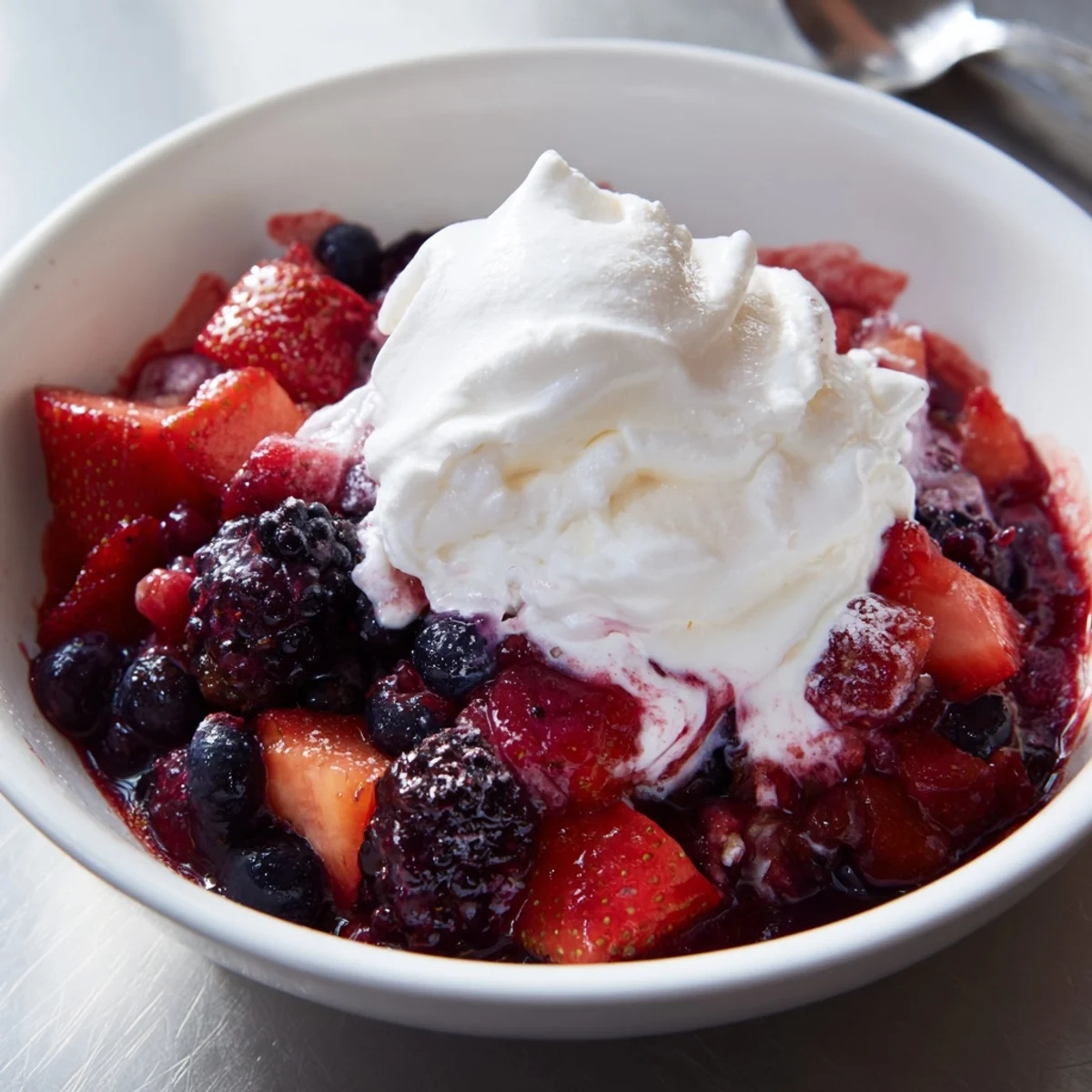 Frische Beeren in einer warmen Compote, ideal mit geschlagener Sahne zum Genießen.