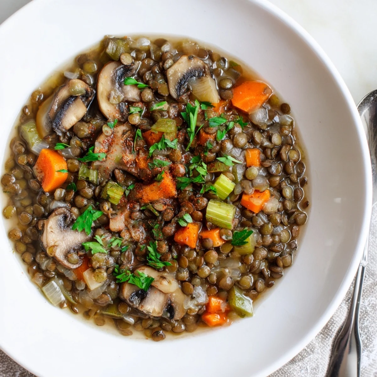 Linseneintopf mit Pilzen
