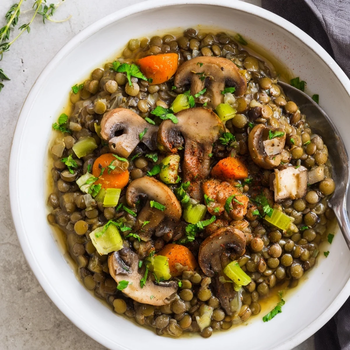 Rauchig gewürzter Lentil- und Pilz-Eintopf, perfekt für ein gemütliches Abendessen.