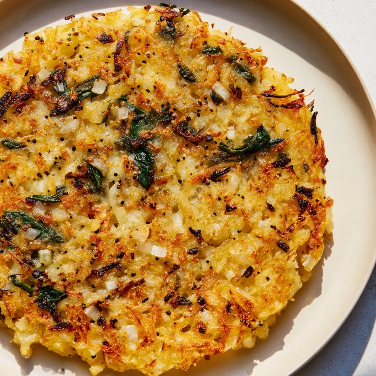 Golden-brown, crispy healthy potato & spinach rösti fresh from the oven, ready to serve with a side salad.