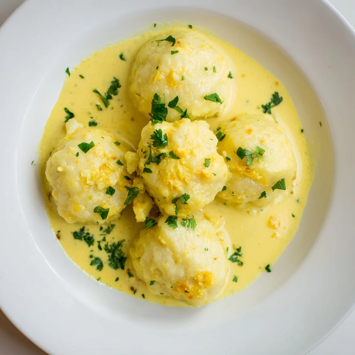 Vibrant photo shows close-up of Curry Comfort Potato Dumplings swimming in a creamy, spiced curry sauce.