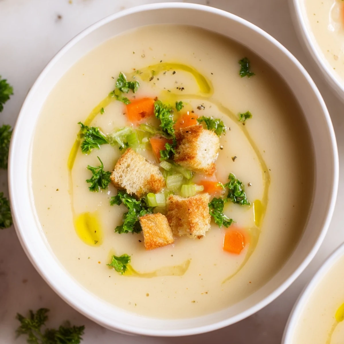 Creamy garlic potato soup, a comforting bowl of smooth, vegan goodness, ready to enjoy.