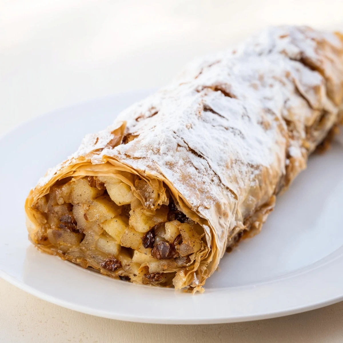 Golden-brown Oven-Baked Apple Strudel Rolls, a delicious treat, dusted with powdered sugar and ready to eat.