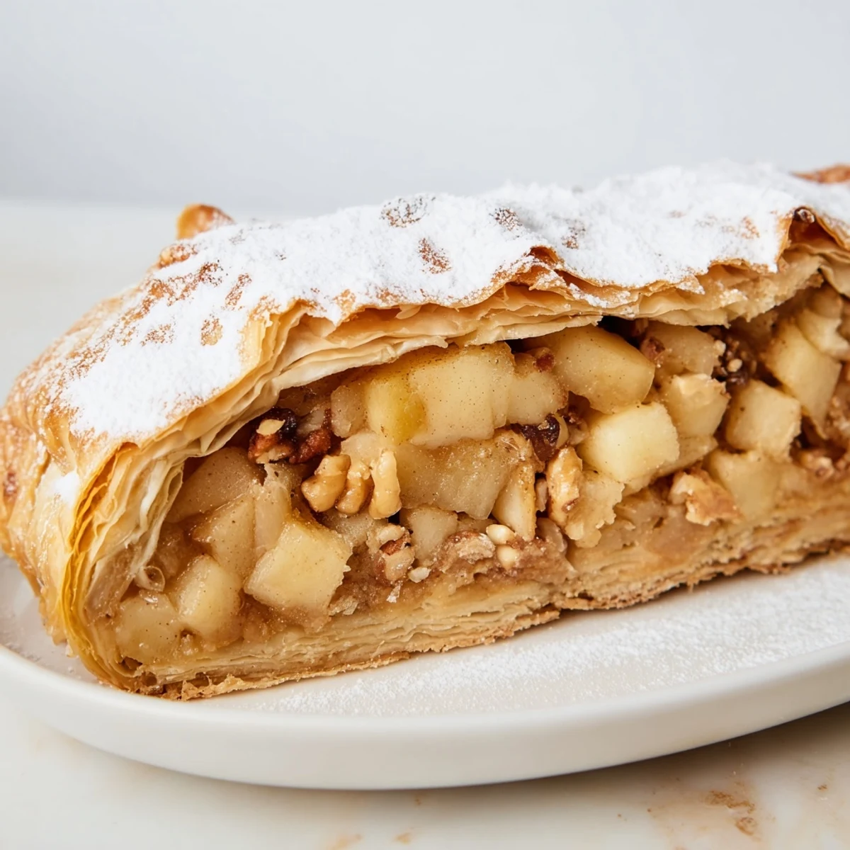 Freshly baked Oven-Baked Apple Strudel Rolls, their layers golden, with a side of vanilla ice cream, a comforting image.