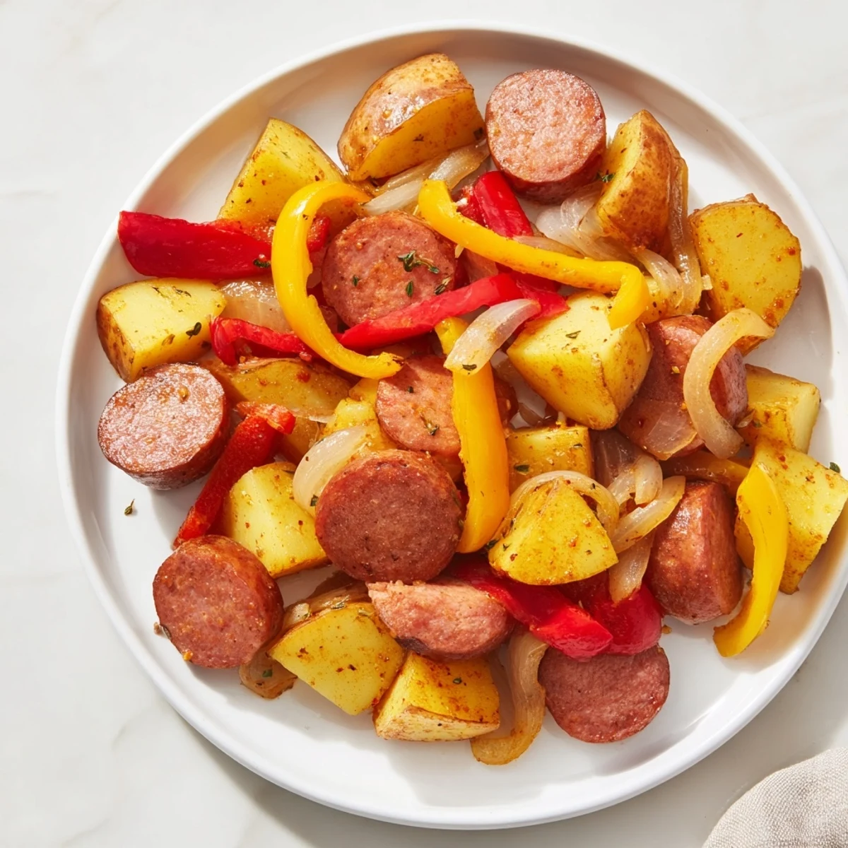 Smoky kielbasa and potato bake, featuring tender potatoes and colorful peppers, ready to serve.