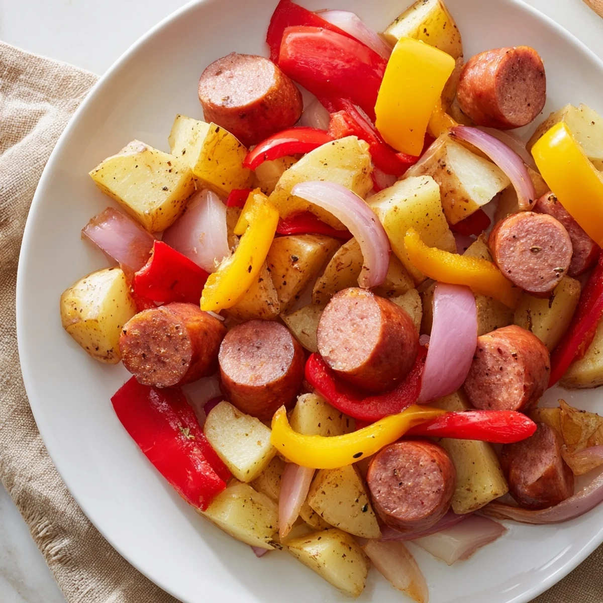 One-pot kielbasa and potato bake, with beautifully browned sausage and vegetables in a savory pot.