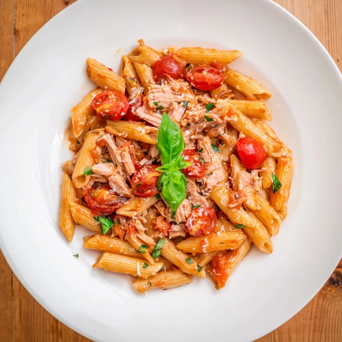 Close-up of freshly made Blitz Pasta with Tomatoes & Tuna, a pescatarian comfort food favorite.