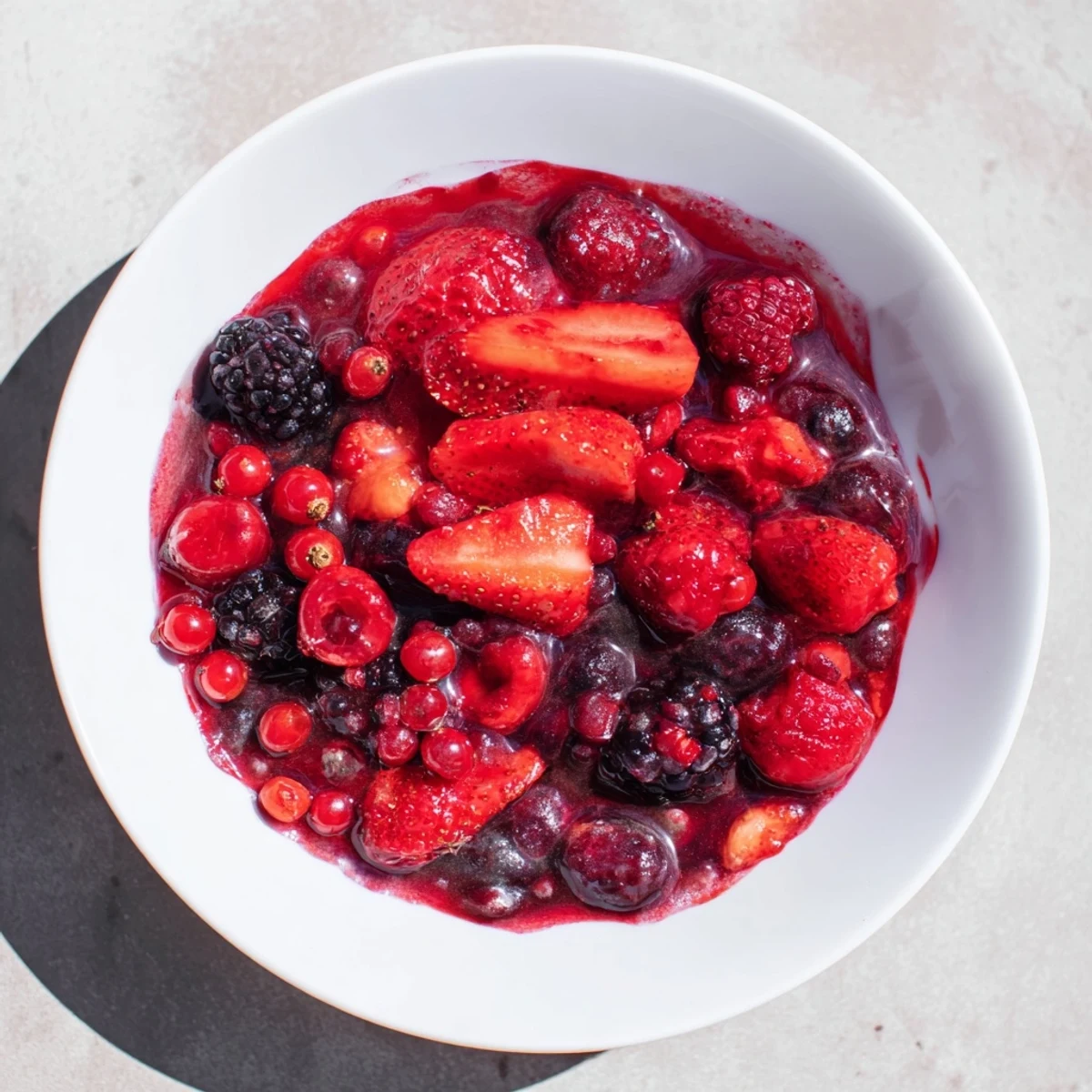 A bowl of vibrant Rote Grütze with a creamy, rich homemade vanilla sauce, perfect for dessert.