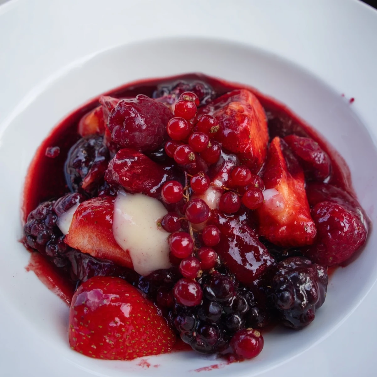 Freshly made Rote Grütze with its juicy berries is presented beautifully, topped with vanilla sauce.