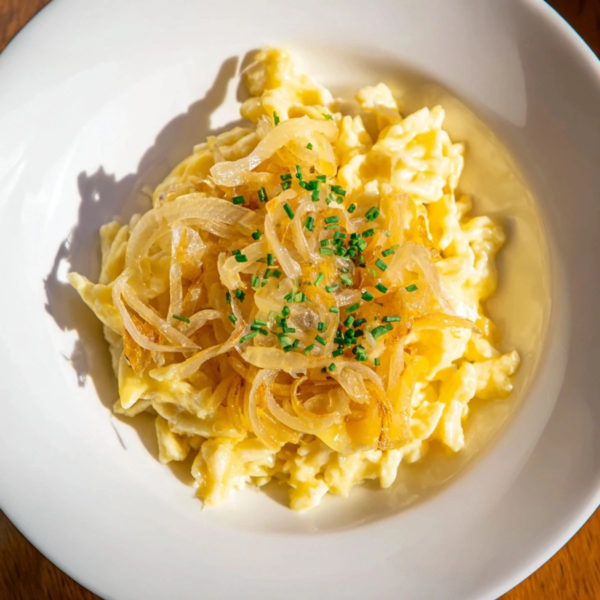 A golden, bubbling Käsespätzle dish showcasing the melted cheese and caramelized onions.