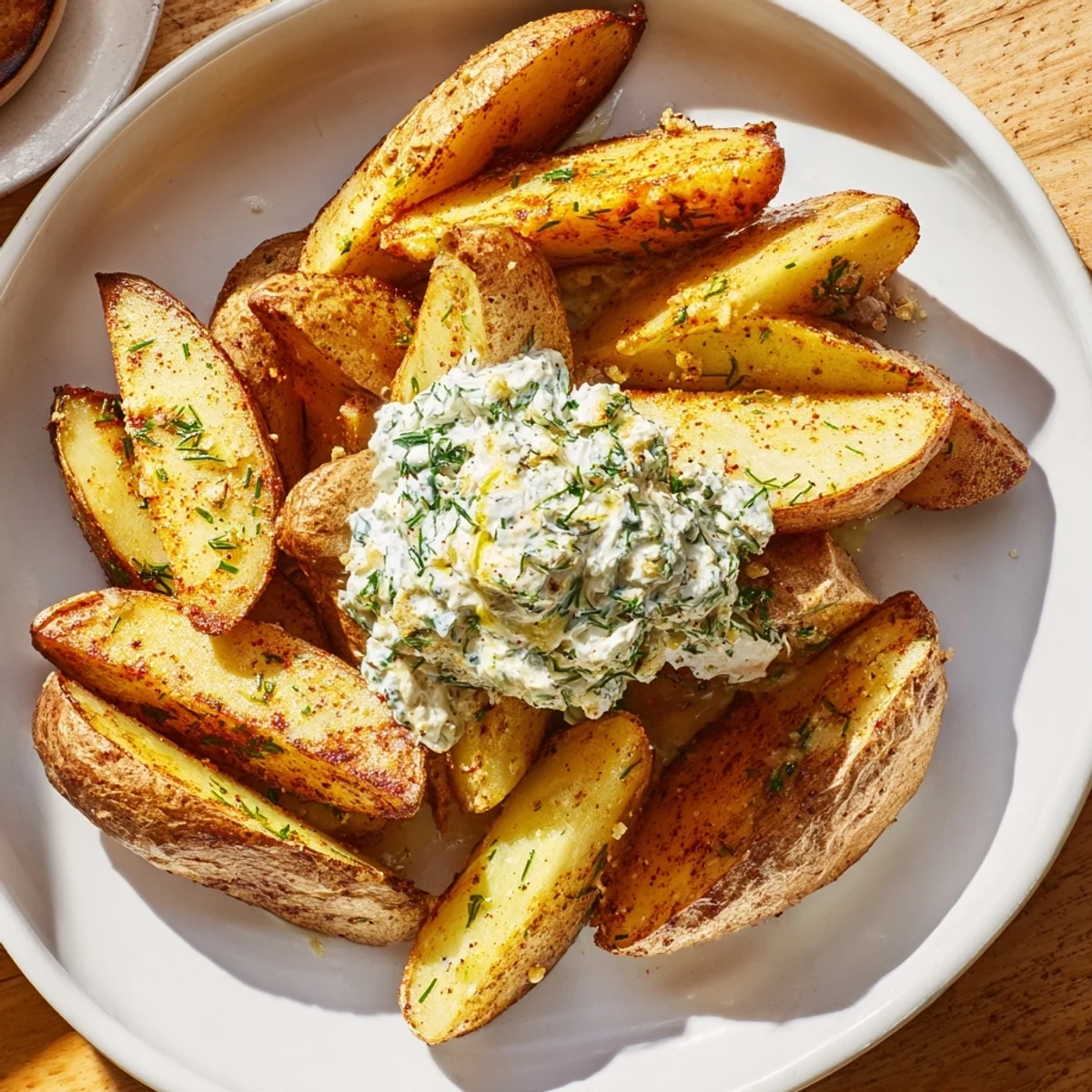 A close-up of the flavorful, crispy oven-baked potatoes ready to be dunked in herb quark.