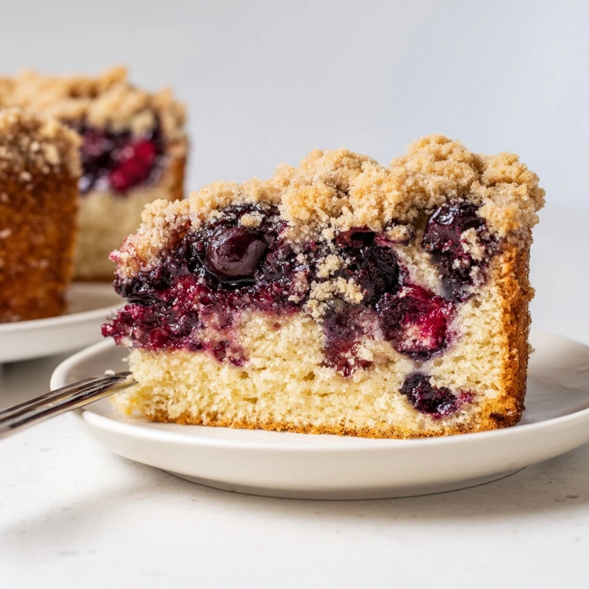 Moist German cherry coffee cake, topped with golden streusel and sweet cherries, ready to serve.