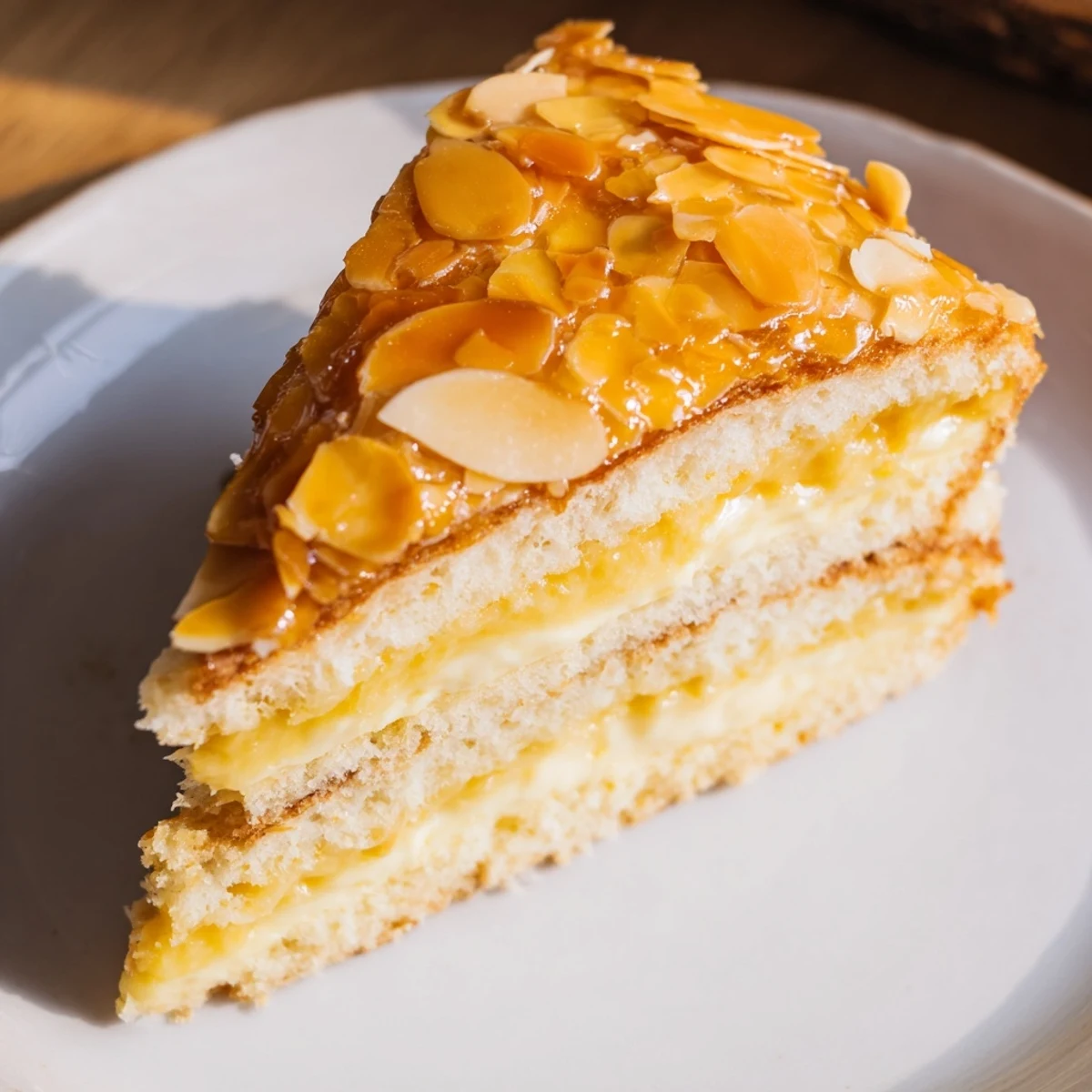 A close-up of a Bee Sting Cake showing the caramelized almond topping's textures and layers.