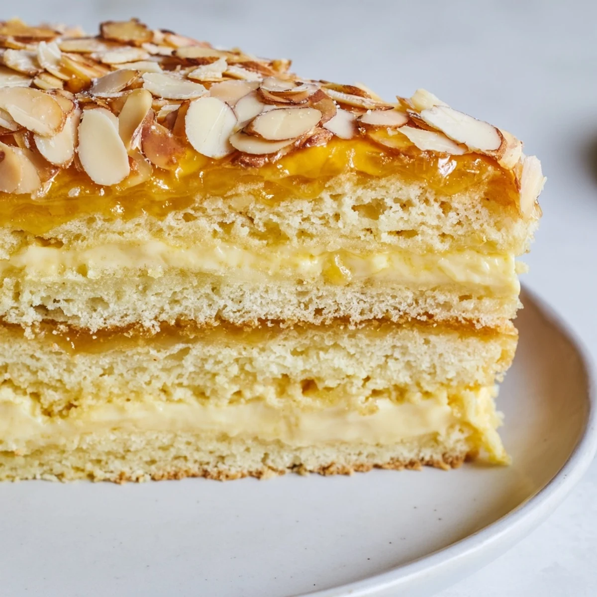 Tempting aroma of a freshly baked Bee Sting Cake with a caramelized almond topping visually described.