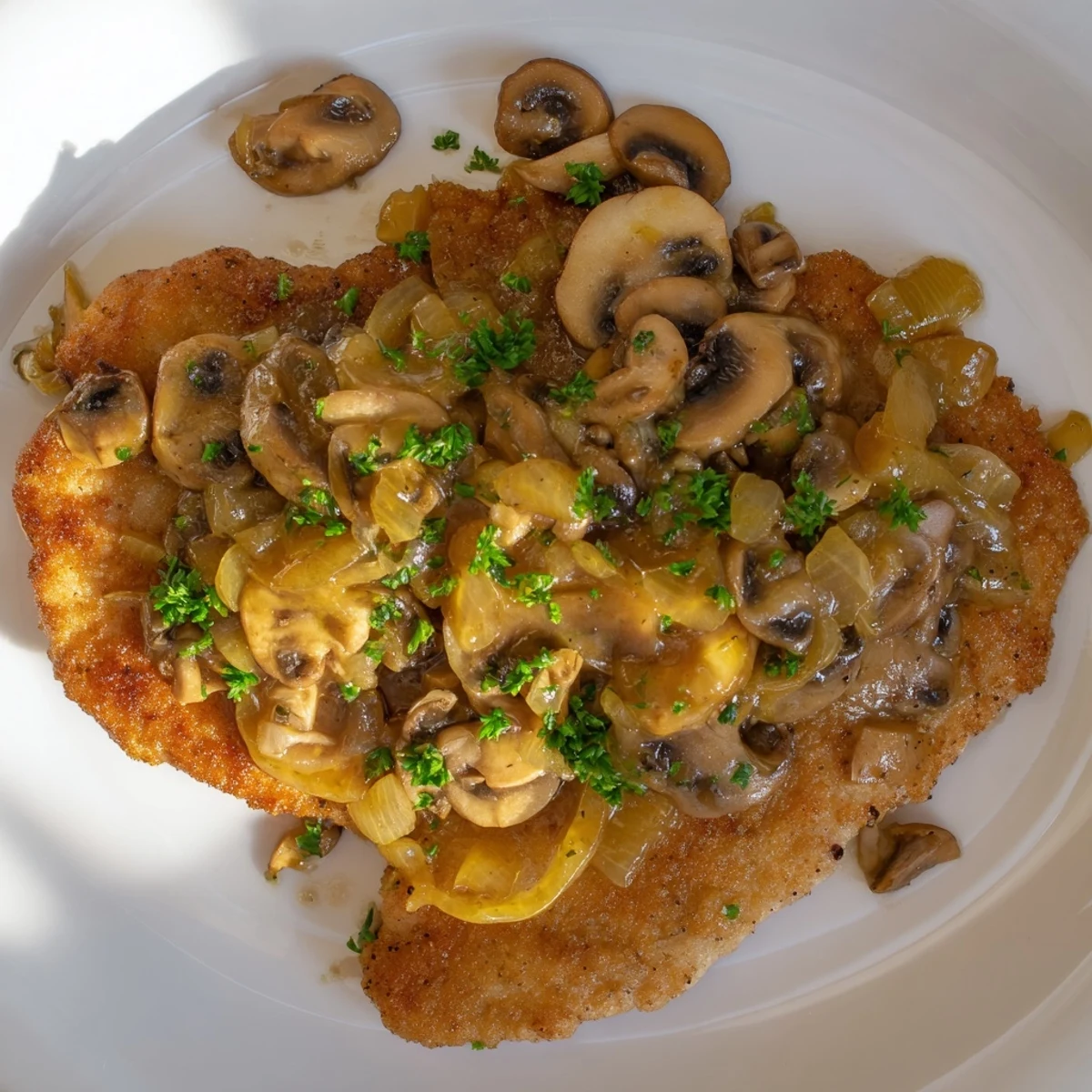 Golden-brown Hunters Schnitzel topped with creamy mushroom gravy, a classic German dish.