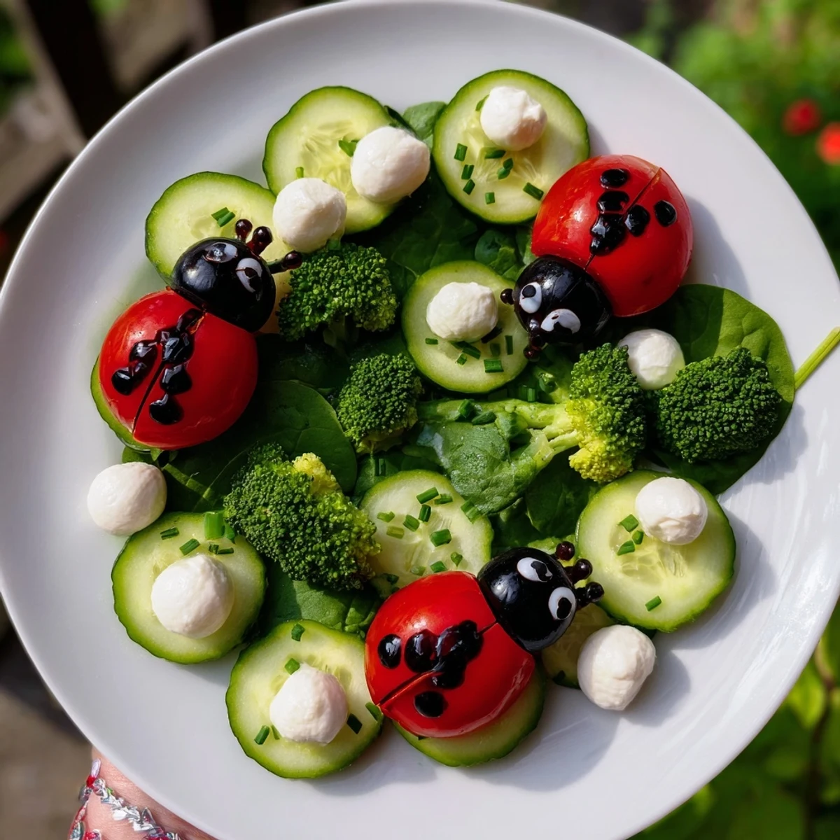A vibrant Ladybug Garden Platter appetizer with cherry tomato ladybugs on a veggie base.