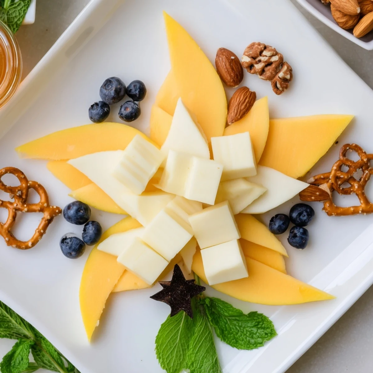 Shooting Star Snack Board arranged with cheeses, fruits, and crackers awaiting everyone's enjoyment.