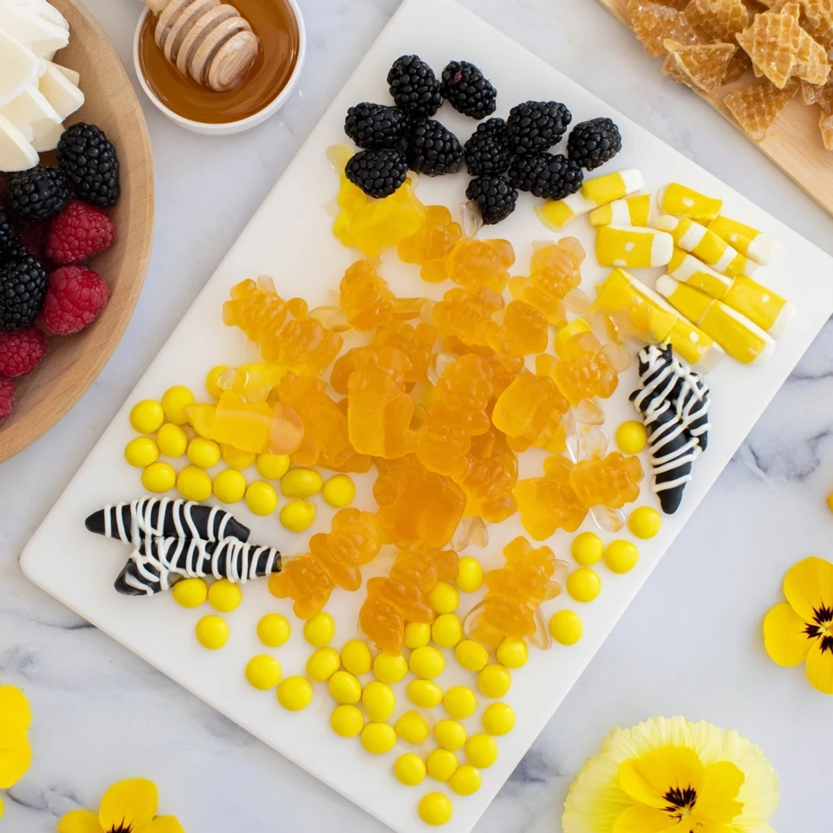 A colorful Bumblebee Candy Board overflowing with sweets, perfect for a fun springtime treat!