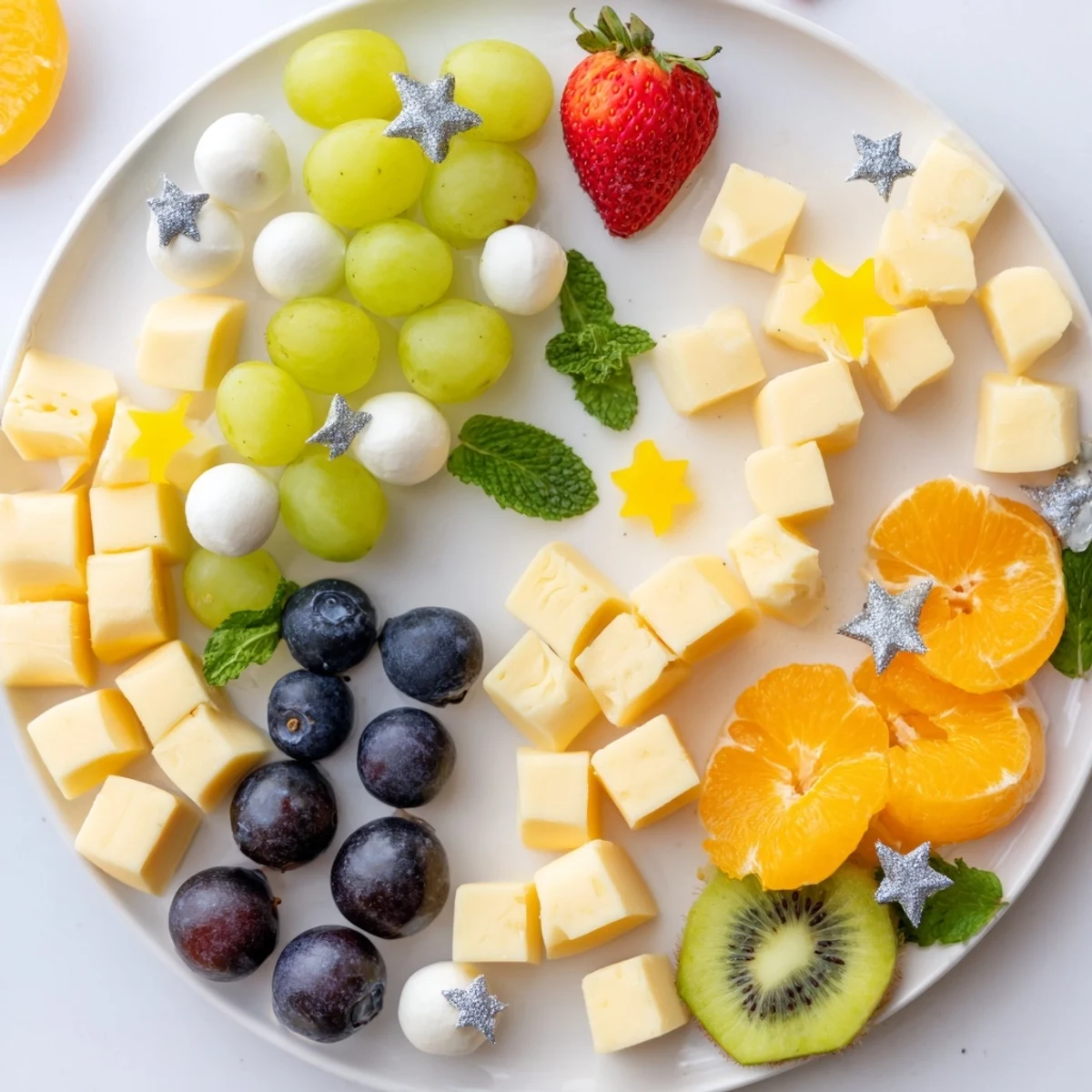 Vibrant "Comet & Planet Grazing Tray" with cheeses, fruits, and crackers laid out like planets and stars.