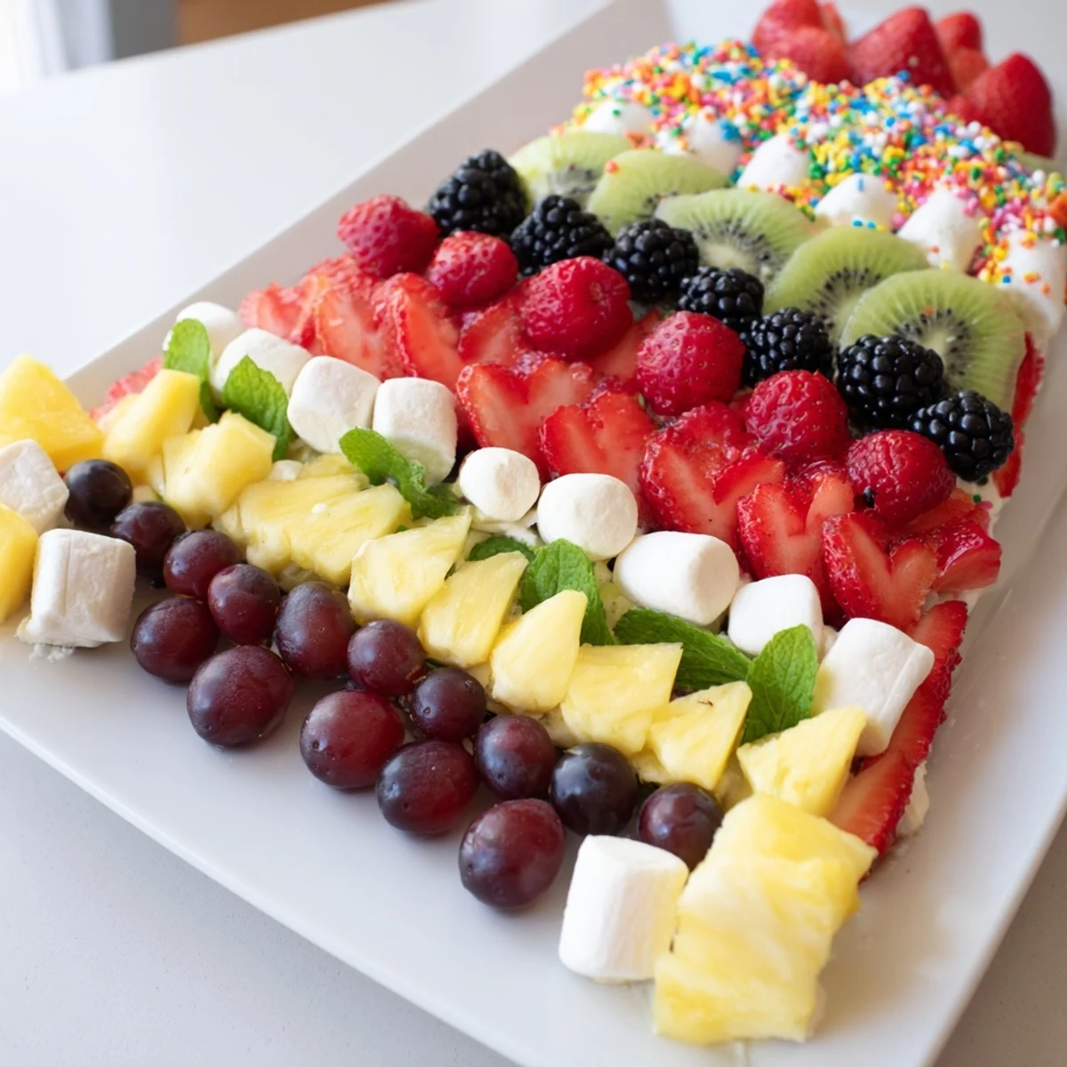 A colorful Happy Birthday Cake Slice Fruit Board features assorted fresh fruits in a delightful arrangement.