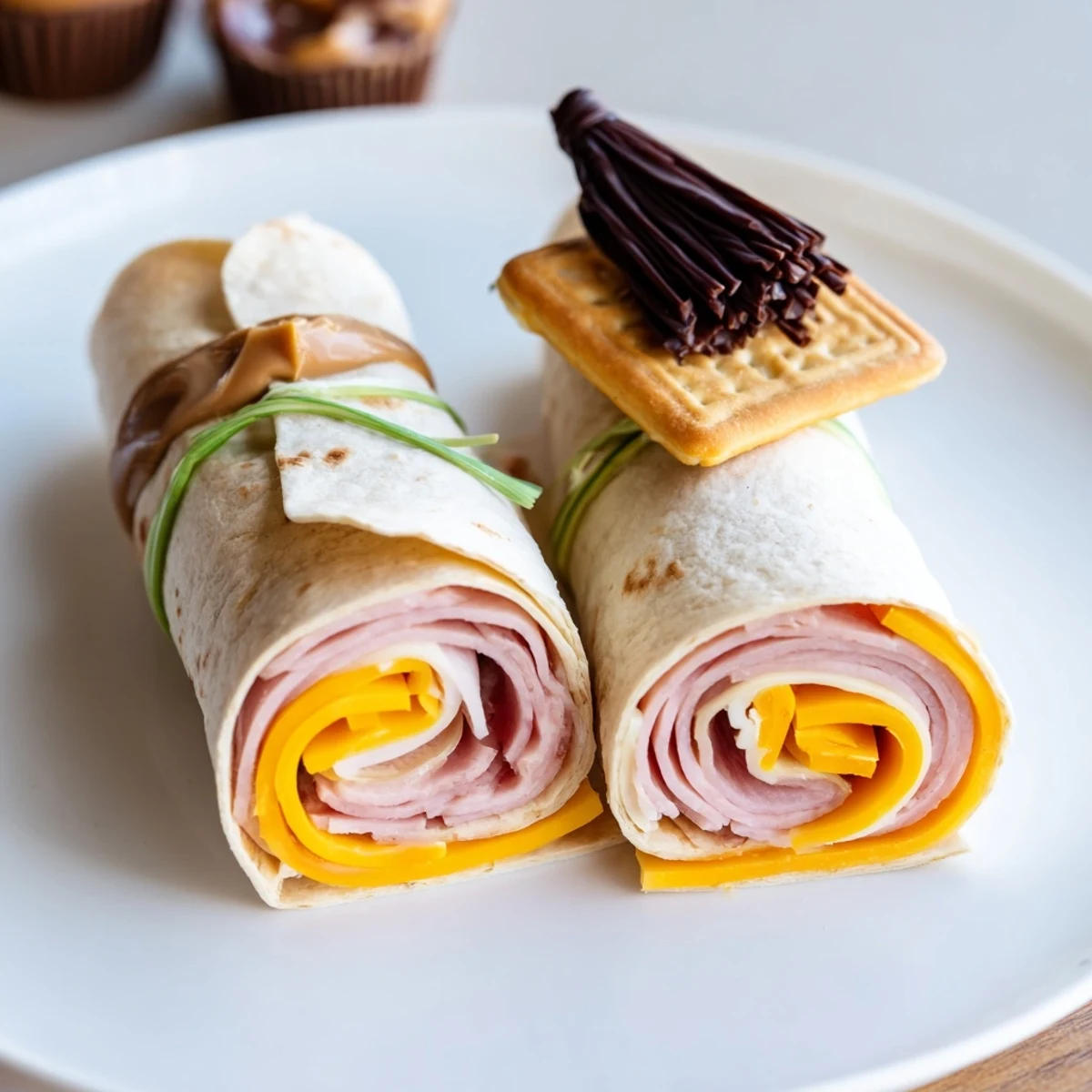 Close-up of savory Graduation Cap Diploma Snack Wraps showing tightly rolled tortillas and mini cap treats.