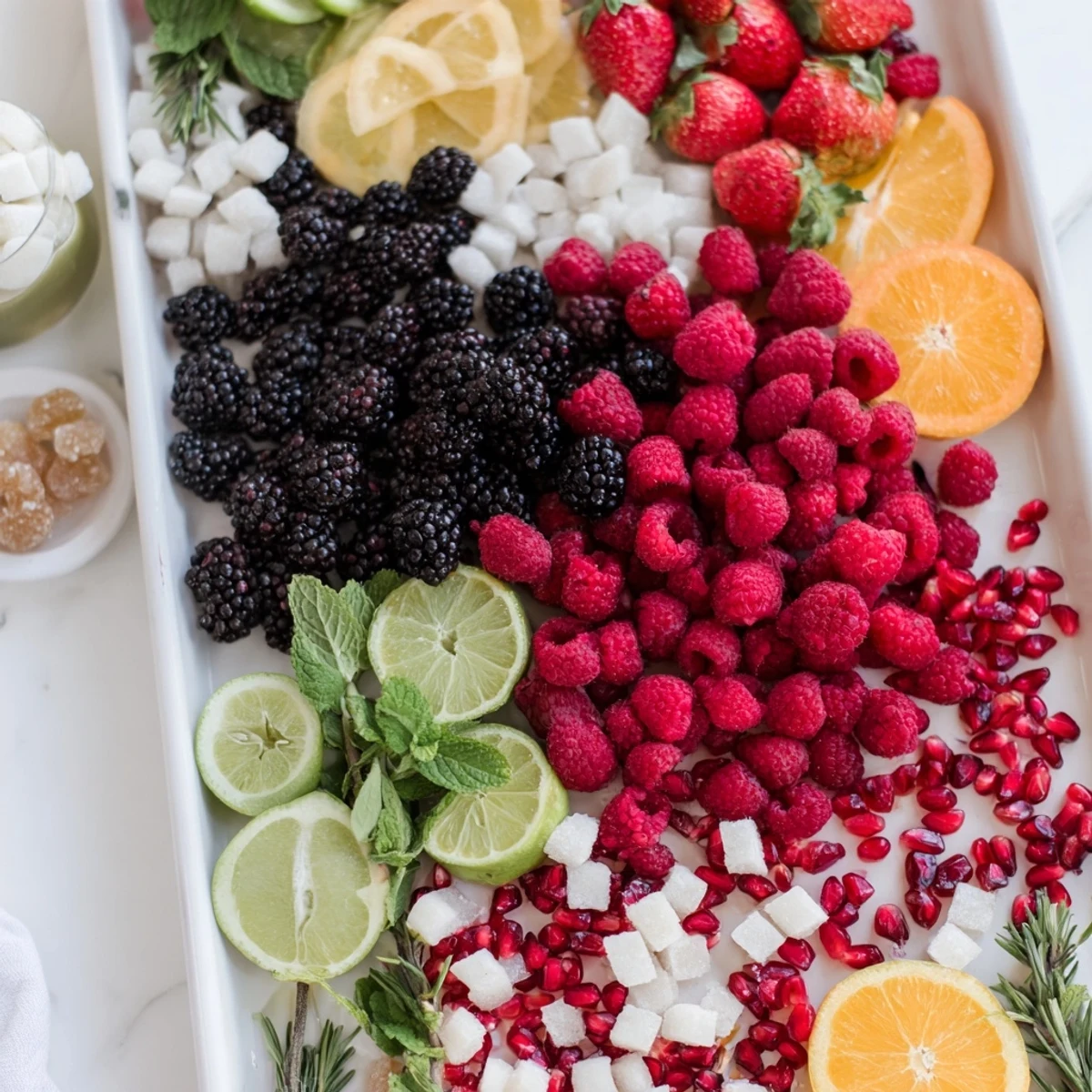 Festive Bubbly Bar New Years Eve Garnish Tray with vibrant fruits and herbs ready to serve.
