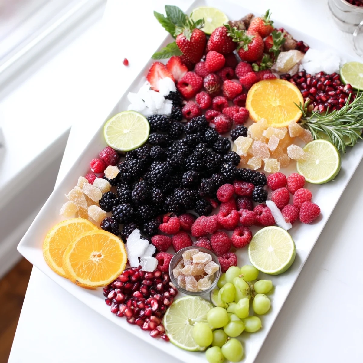 Elegant Bubbly Bar New Years Eve Garnish Tray featuring sparkling bubbly accents and colorful fruit slices.