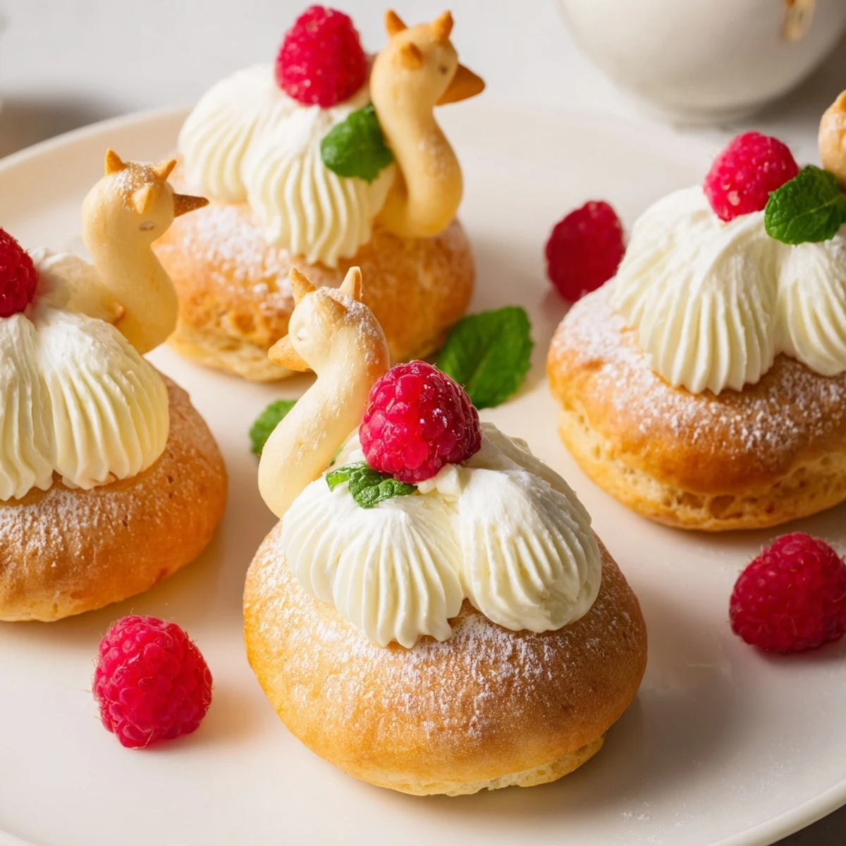Enjoy a glimpse of these elegant Plateau Cygne Pâtisseries Aériennes, ready to be served on a platter.