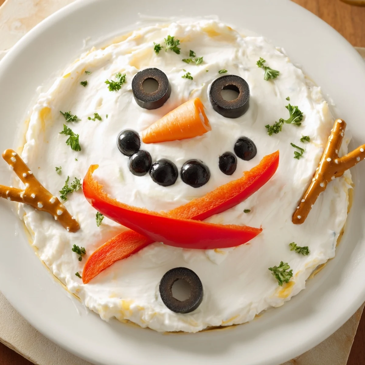 This festive melted snowman dip is ready to share, along with crackers and dipping vegetables.