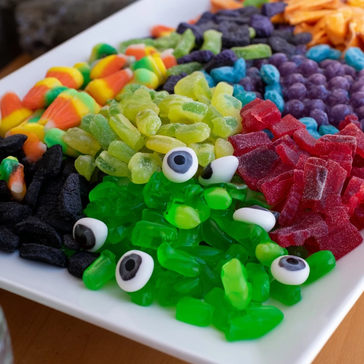 Diese Poison Apple Candy Platter zeigt einen bunten Mix aus Halloween-Süßigkeiten auf einem Servierteller.