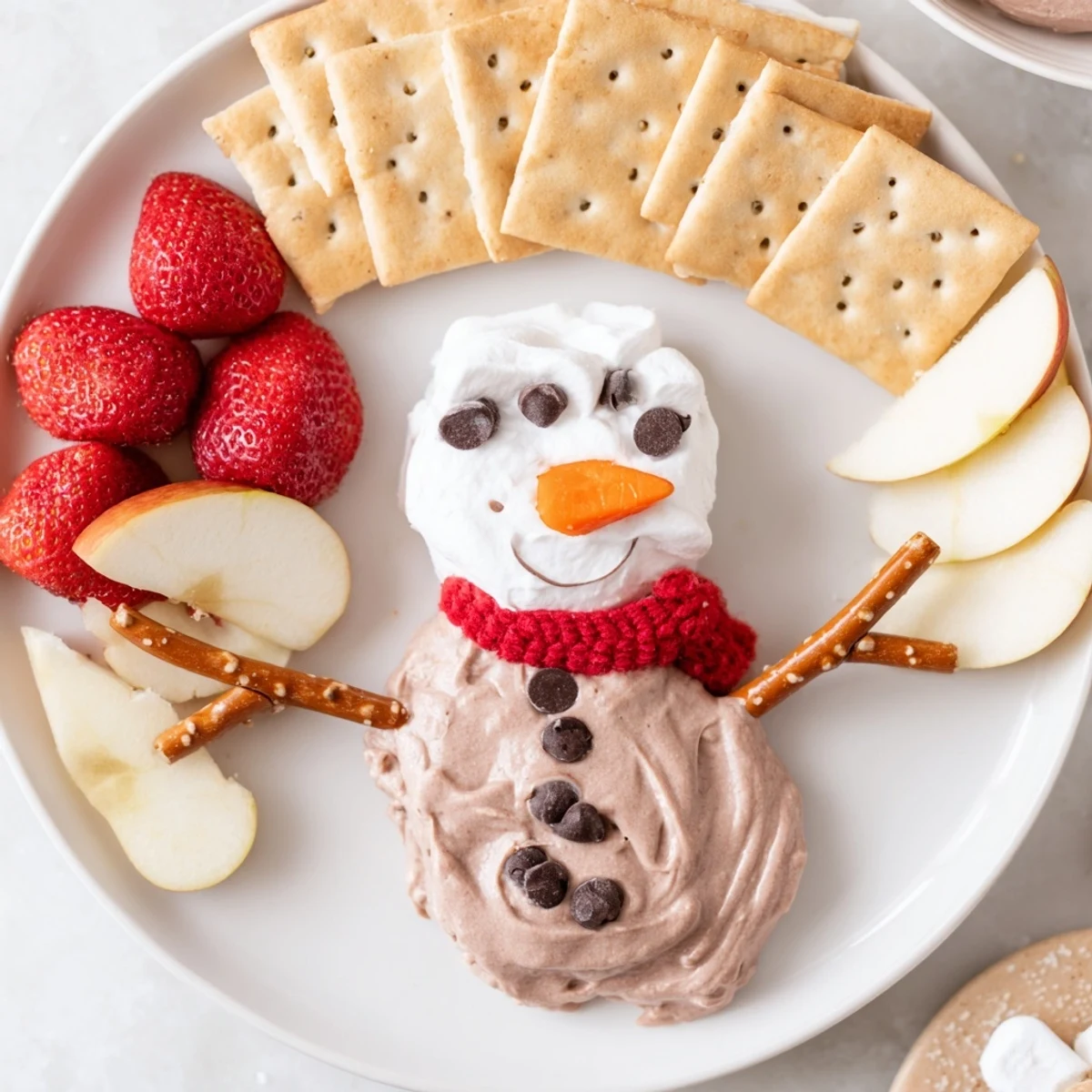 A delightful snowman made from creamy Hot Cocoa Dip, ready to be enjoyed with dippers.