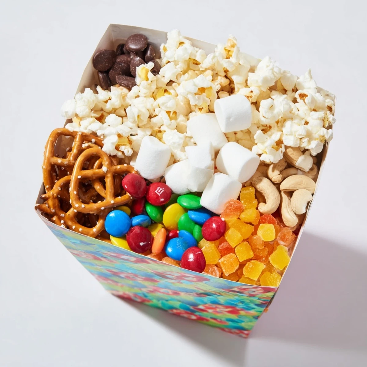 Movie Night Popcorn Box Treat Display overflowing with sweet treats and salty snacks, perfect for a movie night.