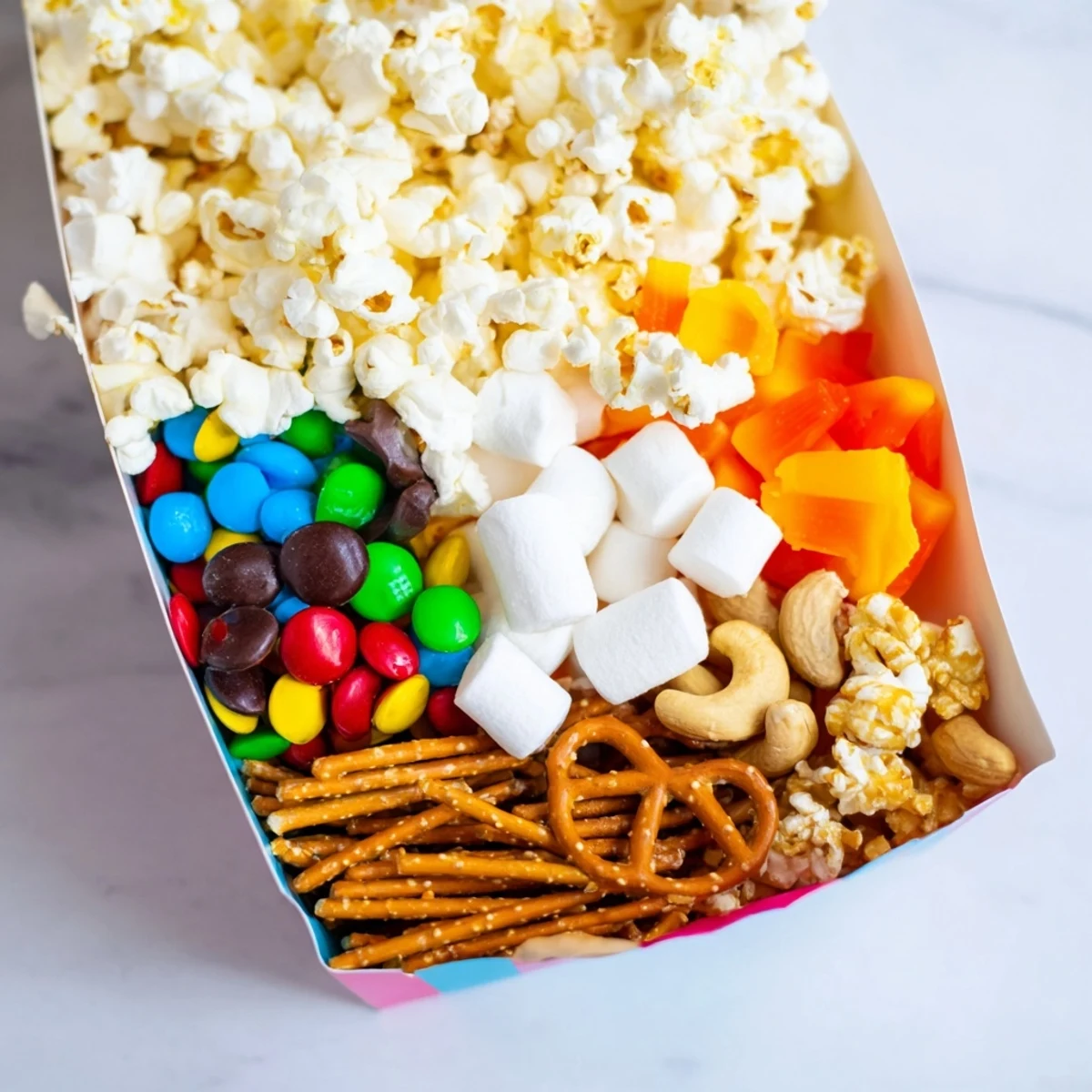 Colorful Movie Night Popcorn Box Treat Display with assorted candies, pretzels, and fresh, fluffy popcorn.