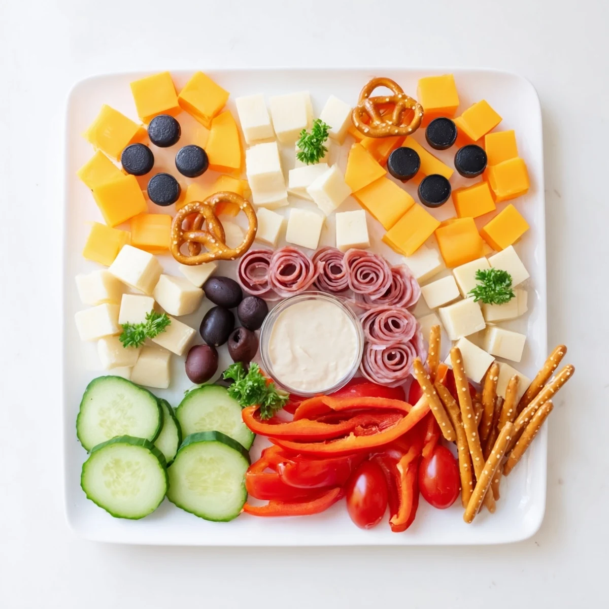A colorful Game Night: Controller Shaped Snack Platter boasts cheeses, meats, crackers, and veggies.
