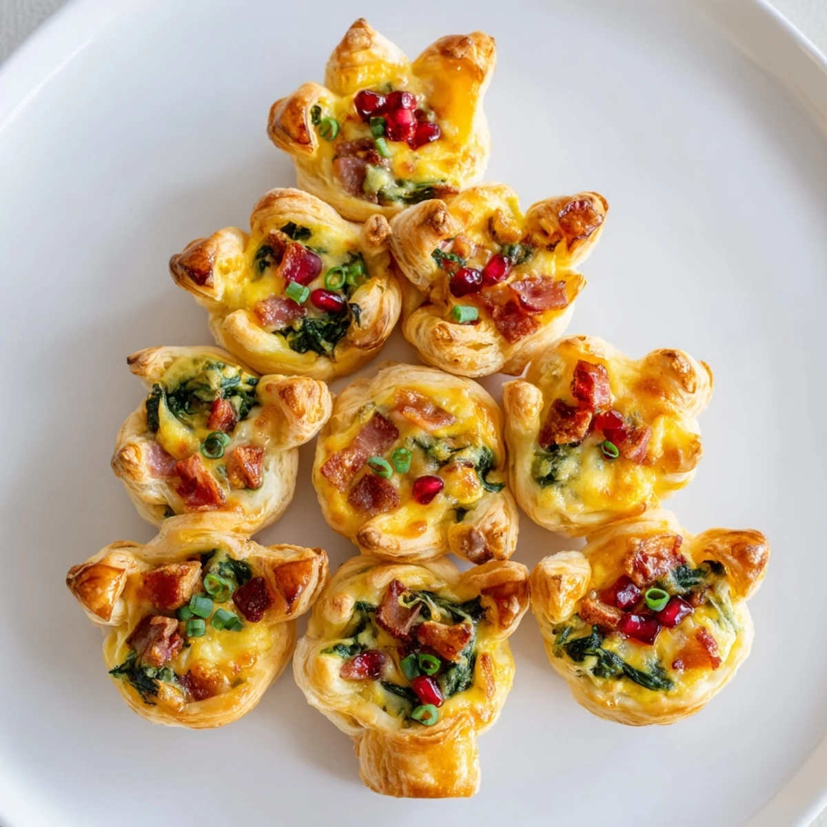 A top-down view of the beautifully arranged Savory Bites: Mini Quiche Christmas Tree, ready to eat.