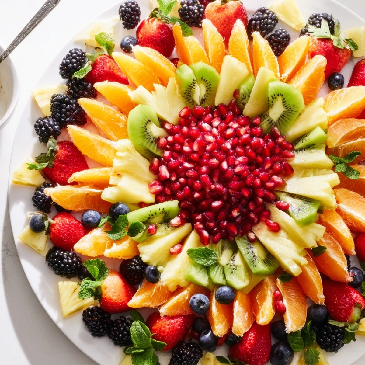 Juicy pomegranate arils burst in this colorful Pomegranate Starburst Platter with fresh fruit.