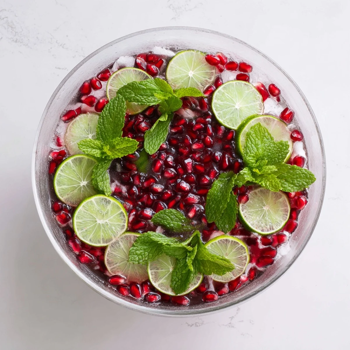 A vibrant Pomegranate and Mint Wreath sparkling with chilled pomegranate juice, ready to pour.