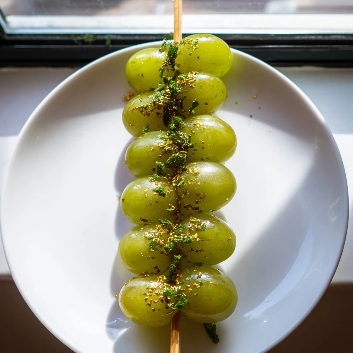 Juicy green grapes on skewers, the Grapes of Luck, perfect for a New Year's Eve dessert.