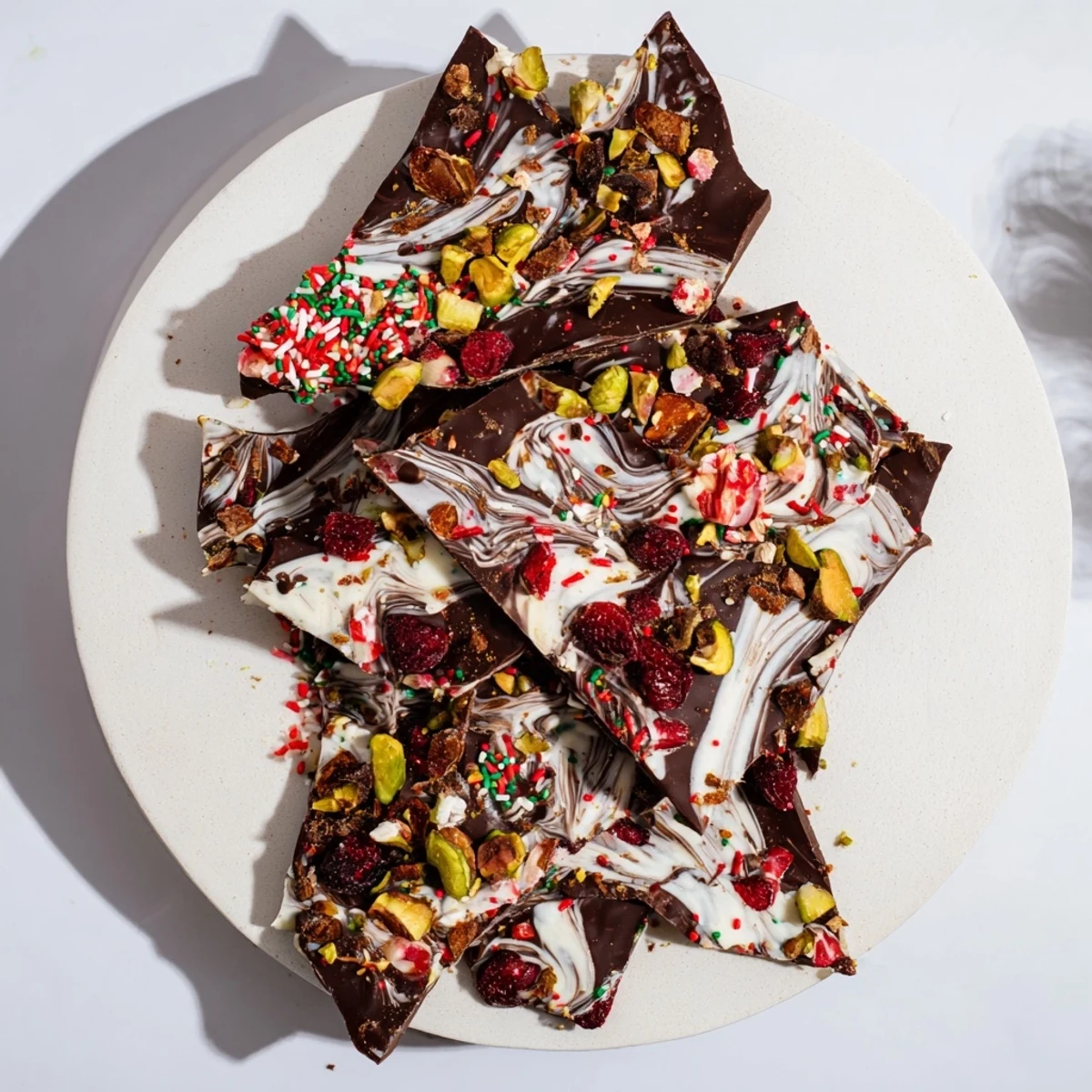 Irregular pieces of Holiday Bark Shard display, showcasing rich chocolate and crunchy toppings.