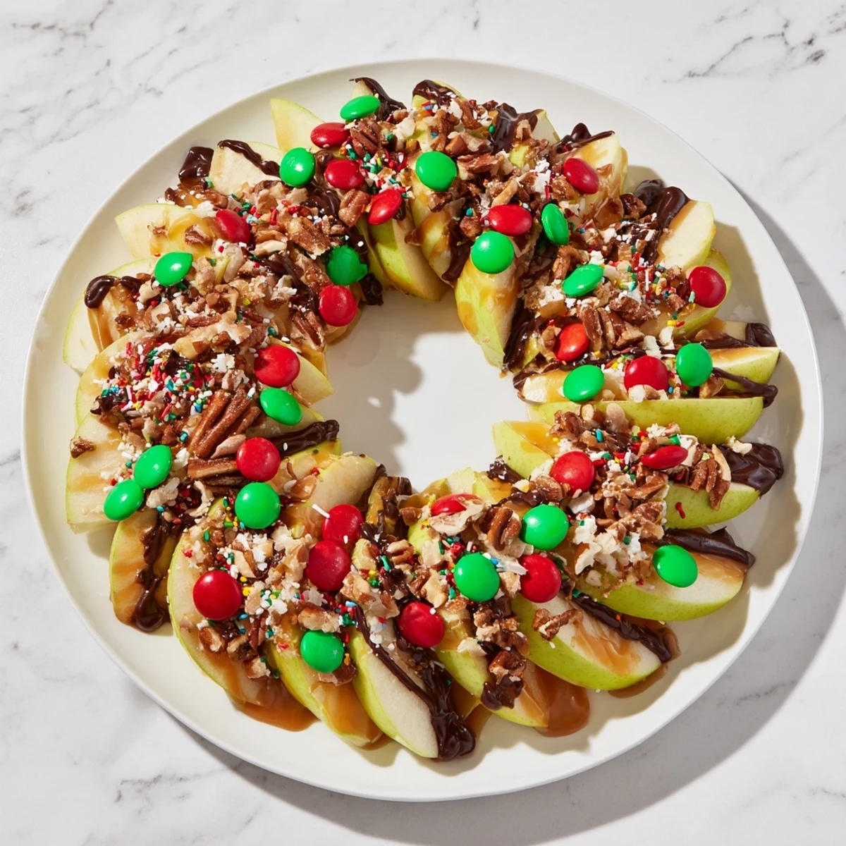 Gooey caramel and chocolate drizzle over a beautiful Caramel Apple Slice Christmas Wreath, ready to enjoy.