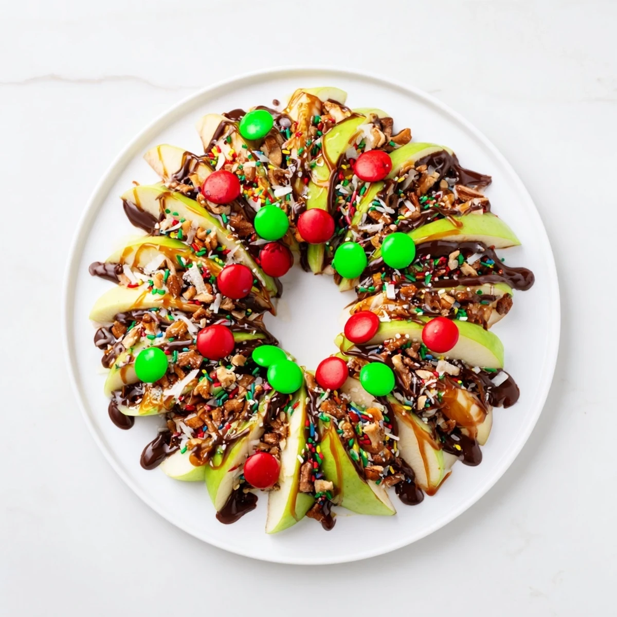 A shiny Caramel Apple Slice Christmas Wreath, perfect for a festive holiday dessert table.