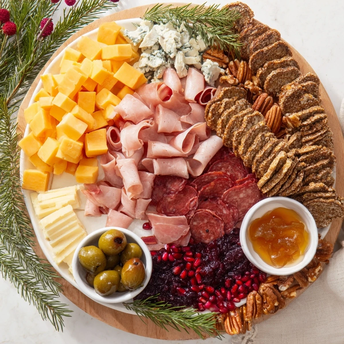 A visually striking Winter Forest Meat and Cheese Charcuterie Scene with savory meats and fresh cheeses.