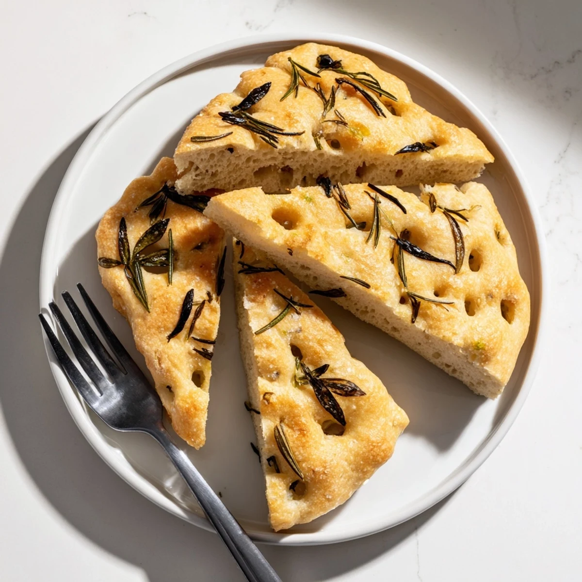 Warm, aromatic focaccia Holiday Bread, ready to serve with rosemary and flaky salt visible.