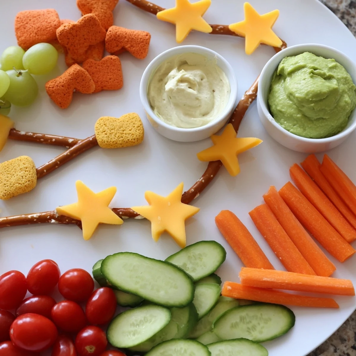 A colorful Kids Snack Adventure Map platter with pretzel paths leading to dips.