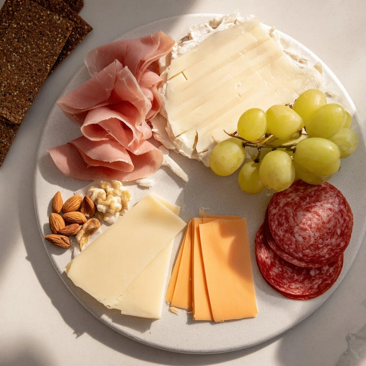 Close-up of a delightful charcuterie board for one, featuring cheeses, meats and flavorful accompaniments.