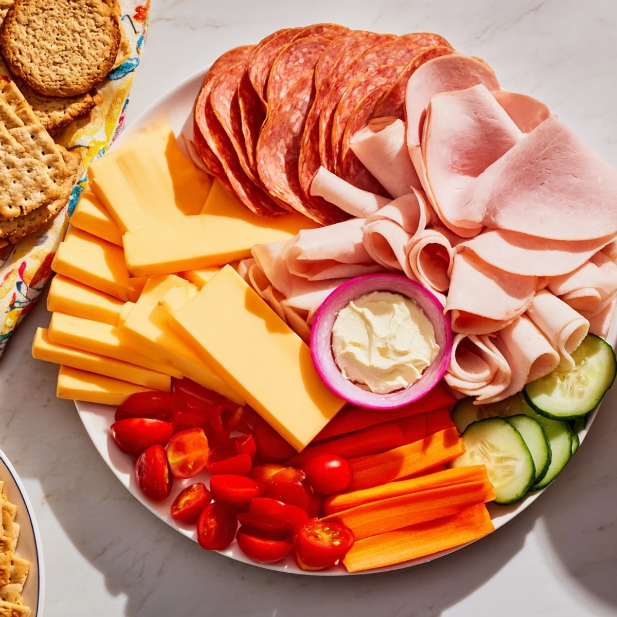 A perfect sharing platter; this budget-friendly family spread combines meats, cheeses, vegetables, and crackers for a quick meal.