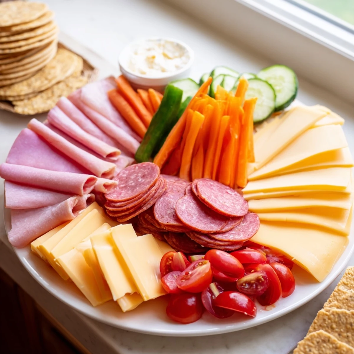 This easy budget-friendly family spread showcases an assortment of cold cuts, cheeses, plus crisp veggies, and crackers.