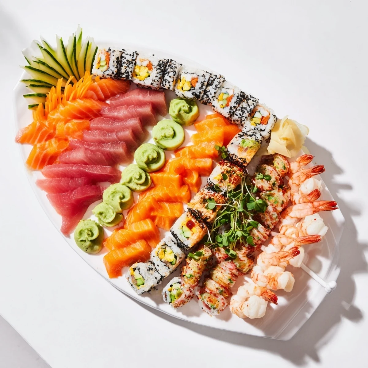 A sail away boat-shaped sushi platter featuring colorful sushi, ready for a feast.